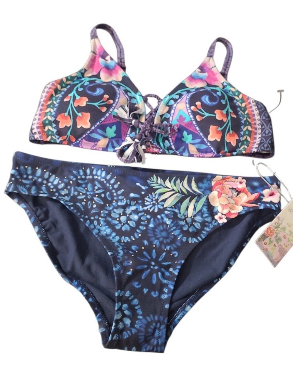 Johnny Was Annia Floral Mandala Bikini Set Lace Up Halter Top Hipster Bottoms XS
